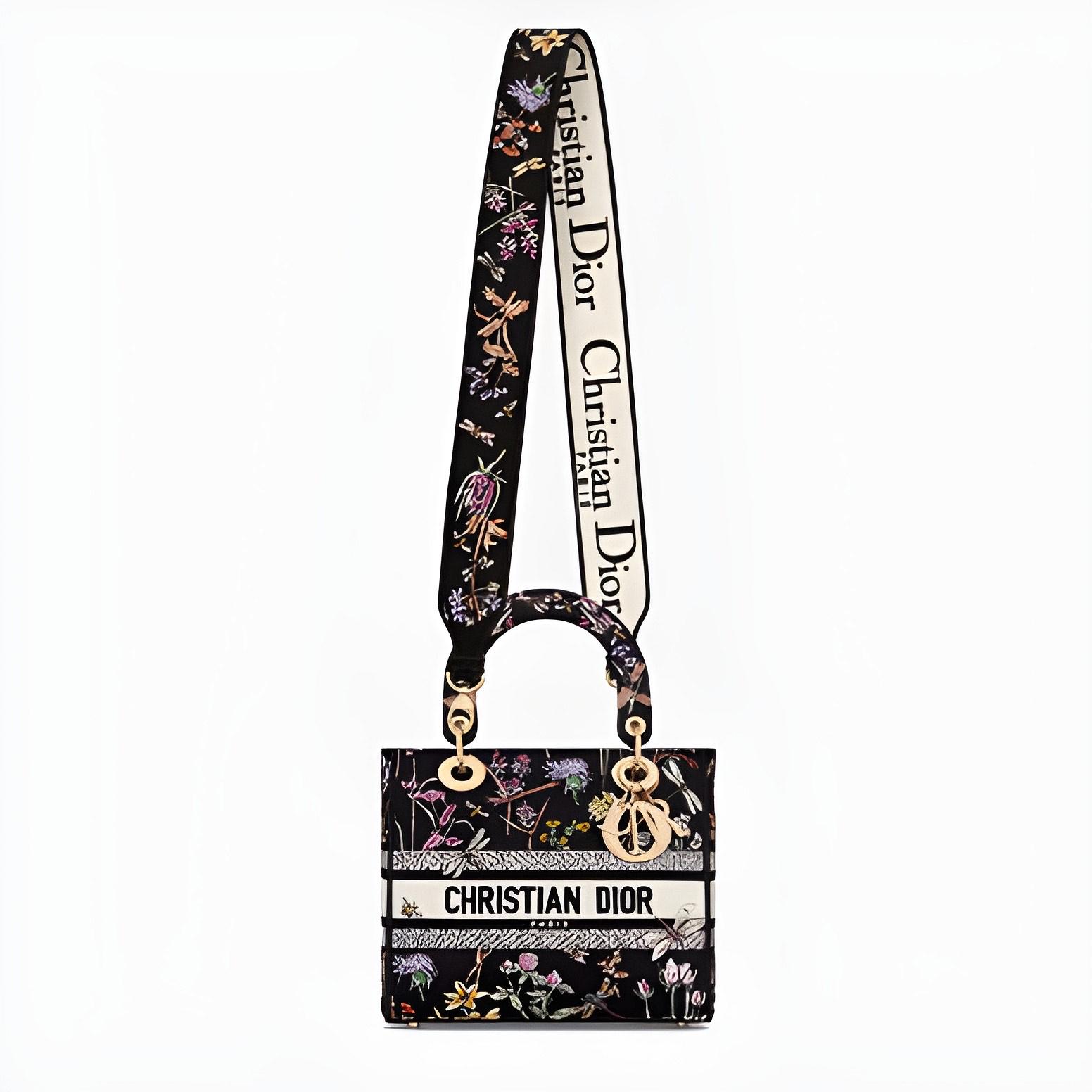 Medium Lady D-Lite Bag, Black Multicolor Dior Herbarium Embroidery image 3