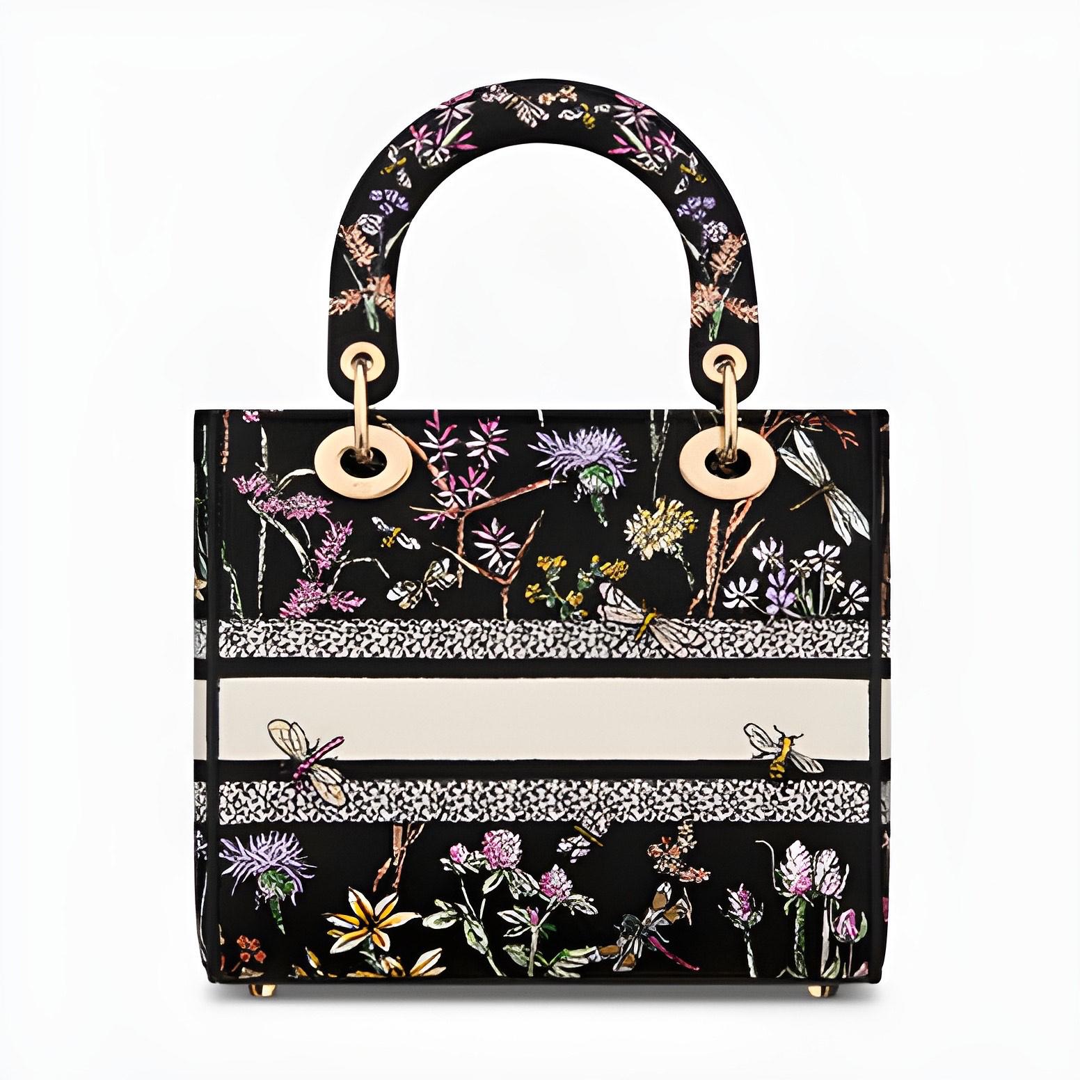 Medium Lady D-Lite Bag, Black Multicolor Dior Herbarium Embroidery image 1