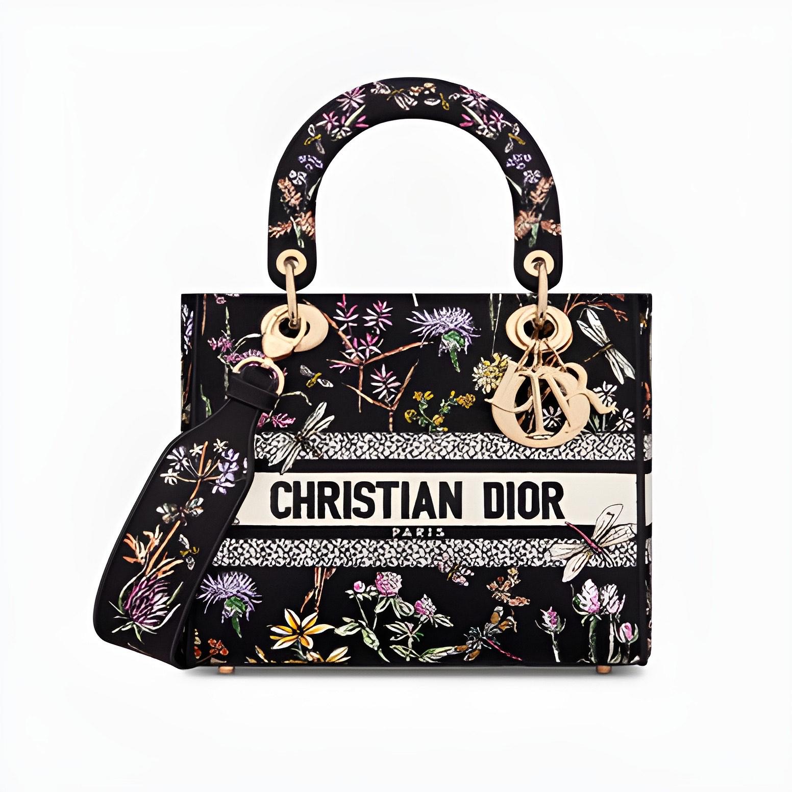 Medium Lady D-Lite Bag, Black Multicolor Dior Herbarium Embroidery image 0